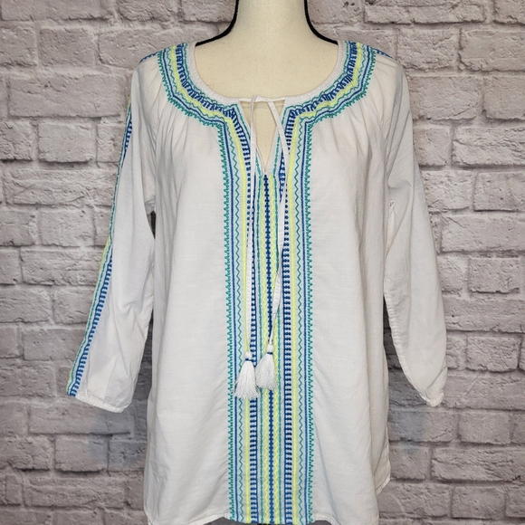 Vineyard Vines top white blue green embroidery tunic style 3/4 sleeve size M - Picture 3 of 9